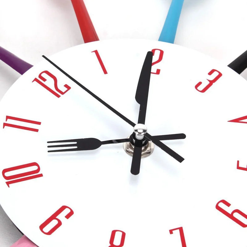 Horloge murale de cuisine, couverts créatifs modernes amovibles 3D cuillère de cuisine fourchette horloge murale miroir autocollant mural chambre maison