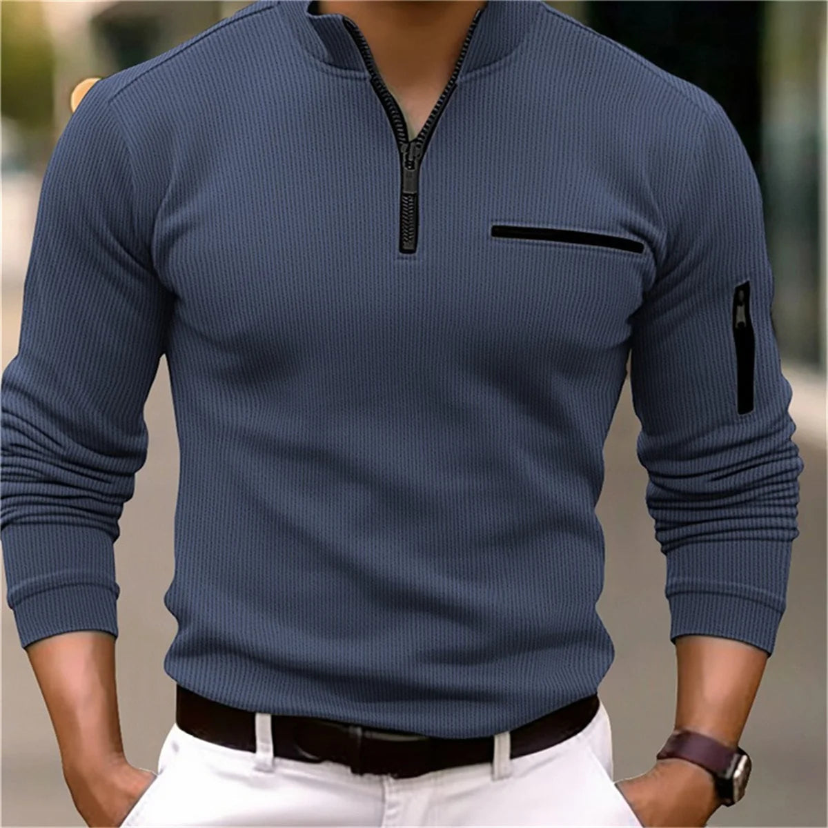 Men's Spring and Autumn Sports Casual Tooling Style Solid Color Striped Arm Zipper Splicing Fake Pocket Long Sleeve POLO Shirt