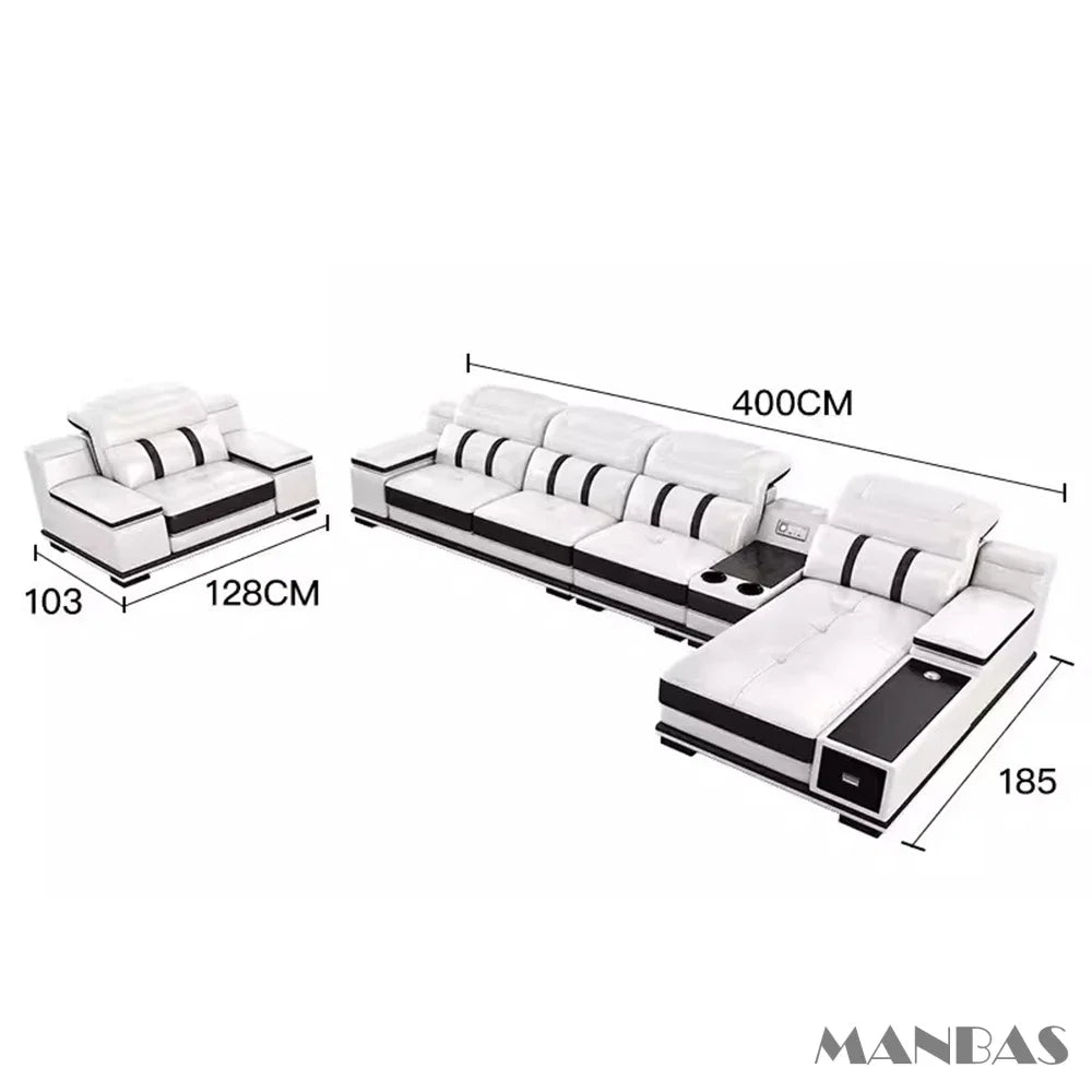 MANBAS-mn-Canapé en cuir véritable avec haut-parleur Bluetooth, USB, repose-pieds de sauna réglables, moderne, italien, salon