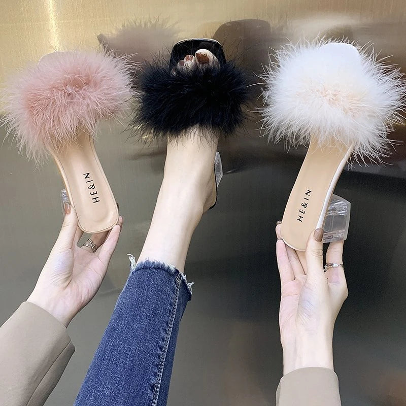 Pantoufles d'été à la mode pour femmes, bout ouvert, fourrure de renard en peluche, épaisses avec tongs, escarpins simples à bout carré pour Banquet à domicile, nouvelle collection