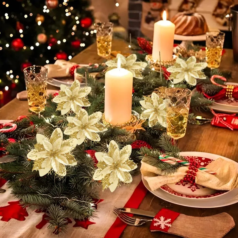 Poinsettia artificielle fleurs de noël rouge or étincelle fausse fleur pour ornements d'arbre de noël fleurs fête décor à la maison