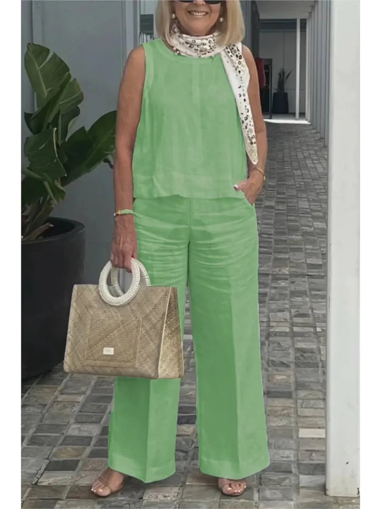 Spring Summer Cotton Linen Solid Color Sleeveless Women Pants Suit Simple Casual Pocket Elegant Female Office Retro 2 Piece Set