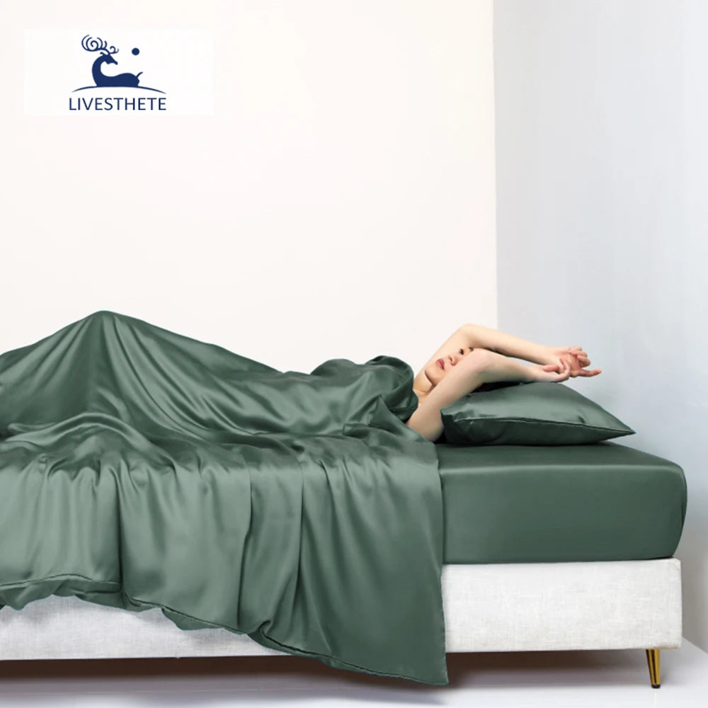 Liv-esthete – parure de lit 100% soie, vert pur, couleur unie, drap plat, taies d'oreiller, Queen size, King size, housse de couette, cadeau de sommeil