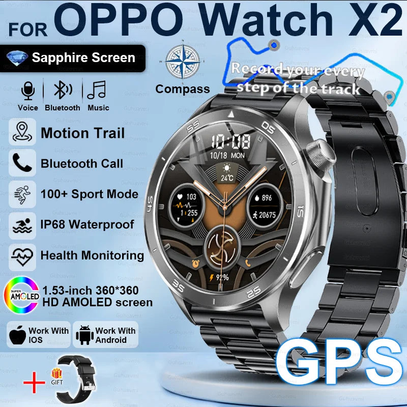 Pour OPPO X2 GPS montres intelligentes homme 360*360 AMOLED écran fréquence cardiaque Bluetooth appel IP68 étanche boussole sport Smartwatch 2025
