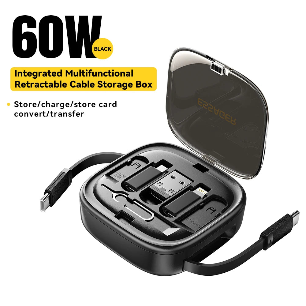 Essager 60W Charge rapide USB A/C à TypeC Micro câble Lightning Mini boîte de rangement de voyage multifonctionnelle avec jeu de broches de support pour téléphone