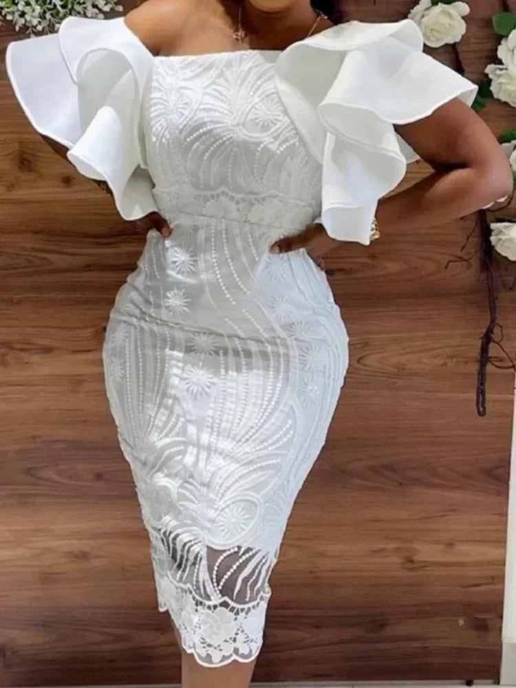 Robe Élégante en Dentelle Blanche pour Femme, Manches à Volants, Coupe Cintrée, Longueur aux Genoux, Chic, ixd'Anniversaire, Tenue de Célébrité, XXXL
