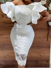 Robe Élégante en Dentelle Blanche pour Femme, Manches à Volants, Coupe Cintrée, Longueur aux Genoux, Chic, ixd'Anniversaire, Tenue de Célébrité, XXXL