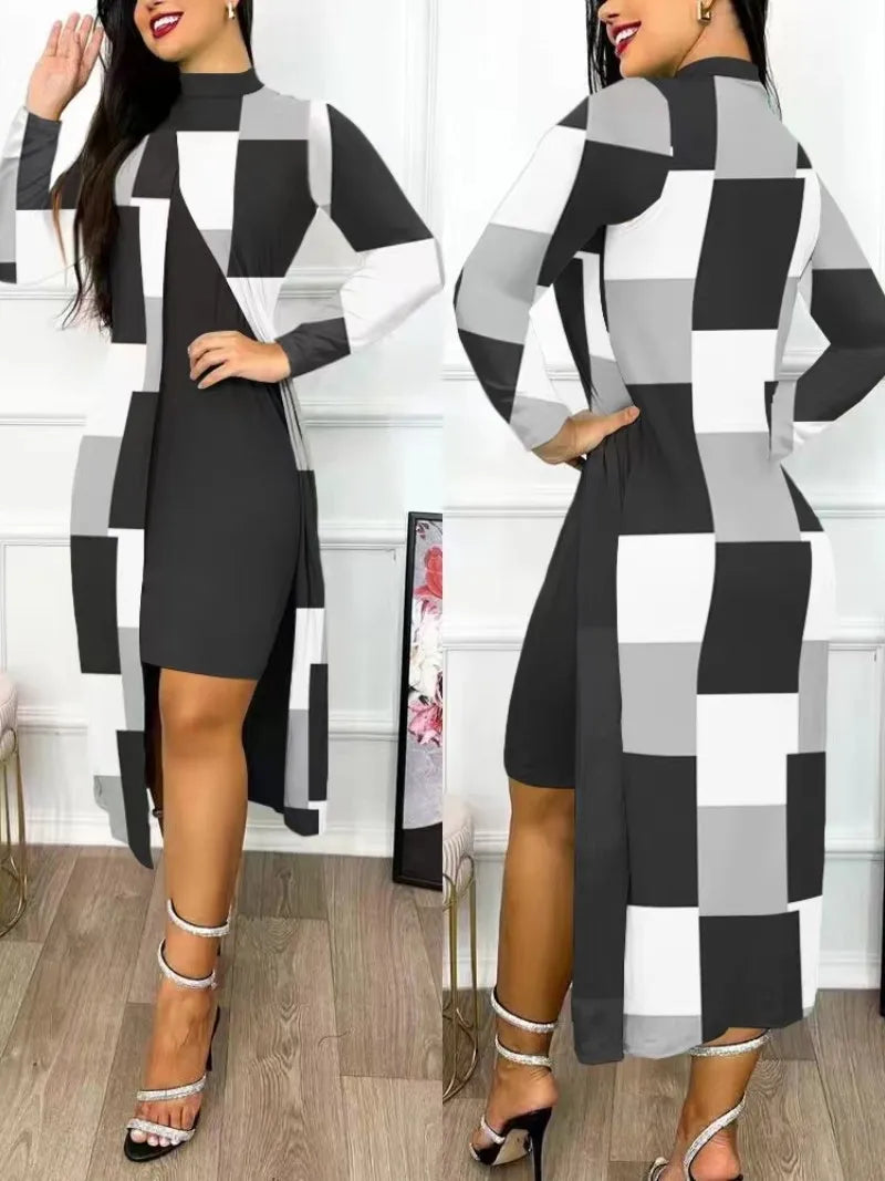 Ensemble deux pièces pour femmes, robes imprimées, manches longues, col mi-haut, Cardigan fendu, costumes élégants, ligne A, bureau, Y2k