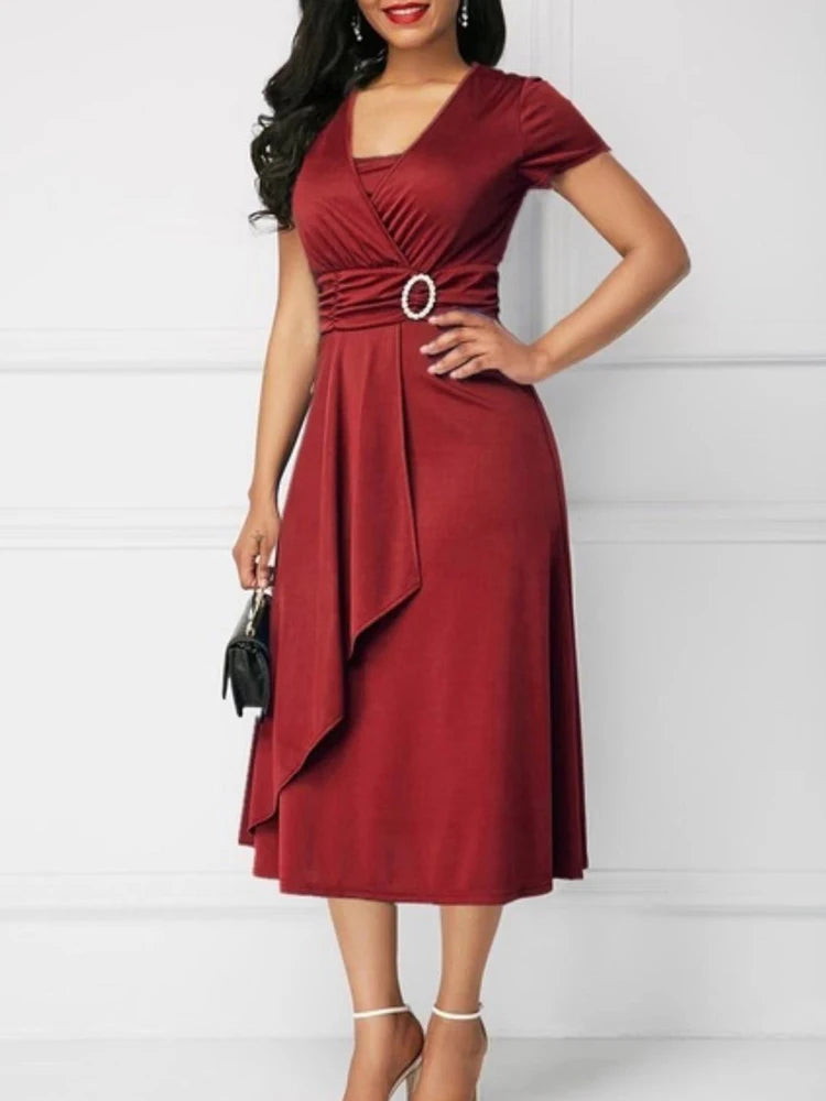 Robes d'été élégantes pour femmes, couleur unie, manches courtes, col en V, ourlet asymétrique, taille serrée, robe de soirée mi-longue pour dames