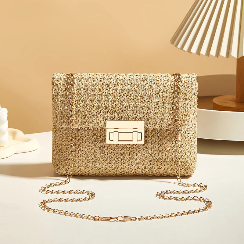 Sac à bandoulière en paille pour femmes, sac à bandoulière en chaîne tissé de grande capacité avec fermeture à boucle, pochette faite à la main