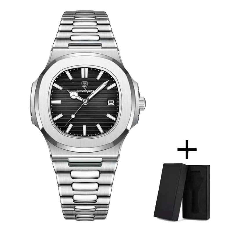 POEDAGAR Montre de luxe Entreprise étanche Horloge masculine Lumineuse Date En Acier Inoxydable Carré Quartz Hommes Montre reloj hombre 2024 Nouveau