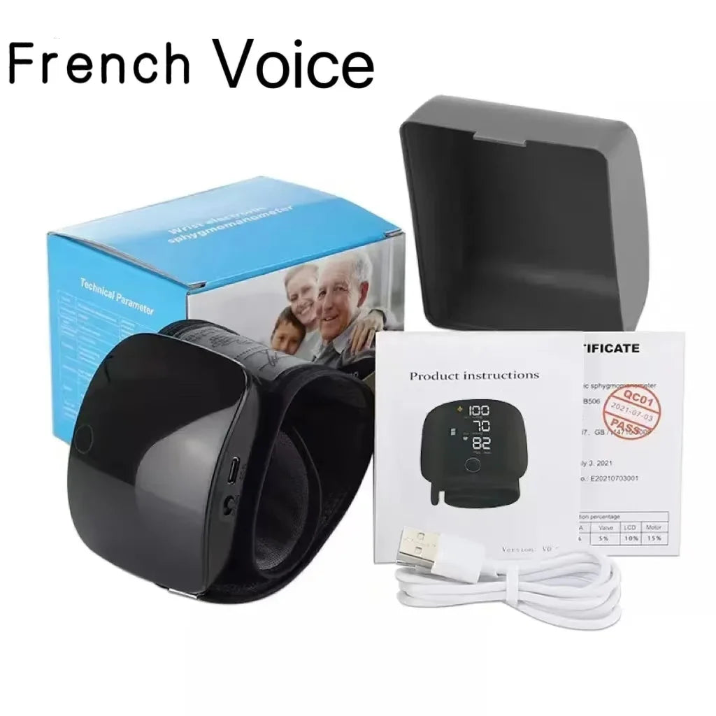 Tensiomètre à chargement vocal au poignet, tensiomètre multifonctionnel, moniteur de fréquence cardiaque, sang grand écran LED