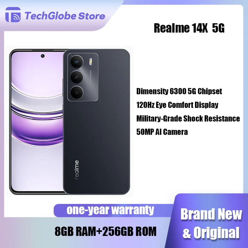 Realme 14X 5G Smartphone dimension 6300 5G Chipset 8GB RAM 256GB 50MP AI caméra 120Hz confort des yeux affichage 5000mAh batterie téléphone