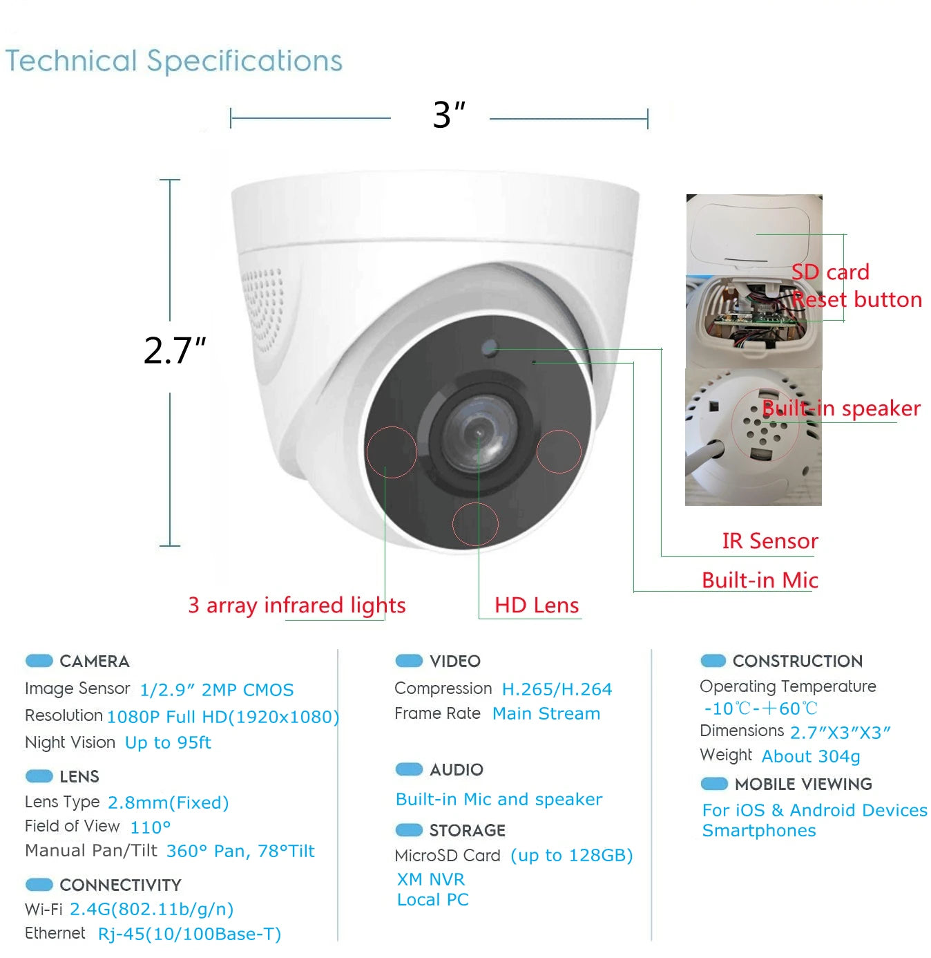 Caméra de Surveillance dôme intérieure IP WiFi hd 2MP/1080P, dispositif de sécurité domestique sans fil, avec conversation bidirectionnelle
