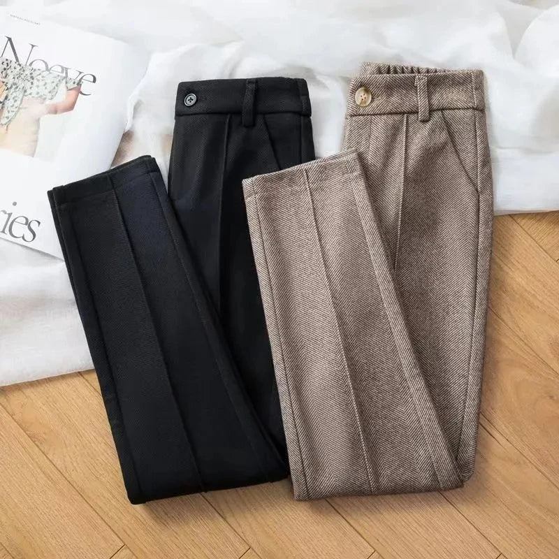 Pantalon en laine pour femme, sarouel droit élégant, polaire, Version coréenne, Blazer chaud, décontracté, collection automne-hiver 2024