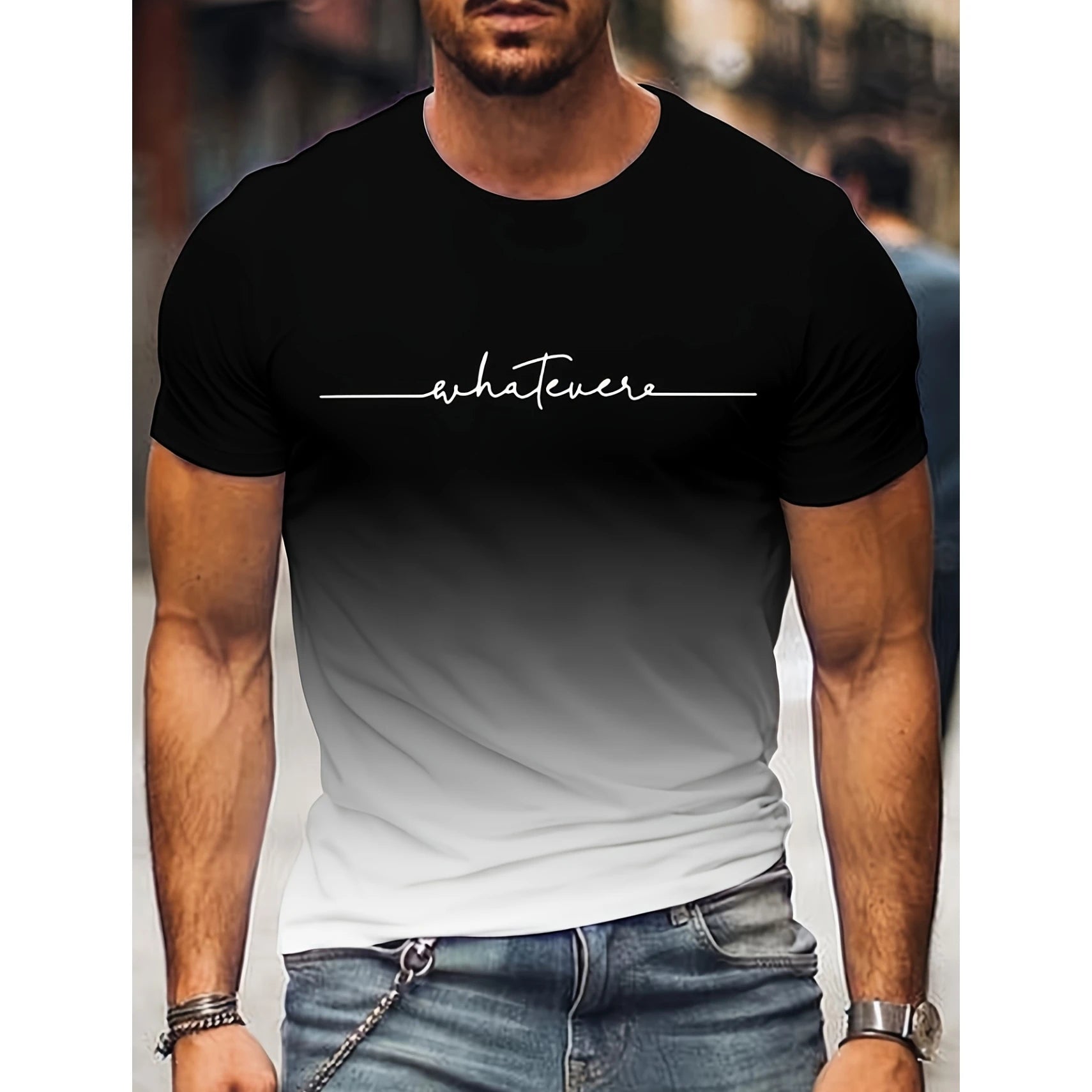 2024 Summer Fashion Men's Clothing Trendy Design Gradient Color Letter Print T-Shirt Top Breathable Soft Short Sleeve Menswear