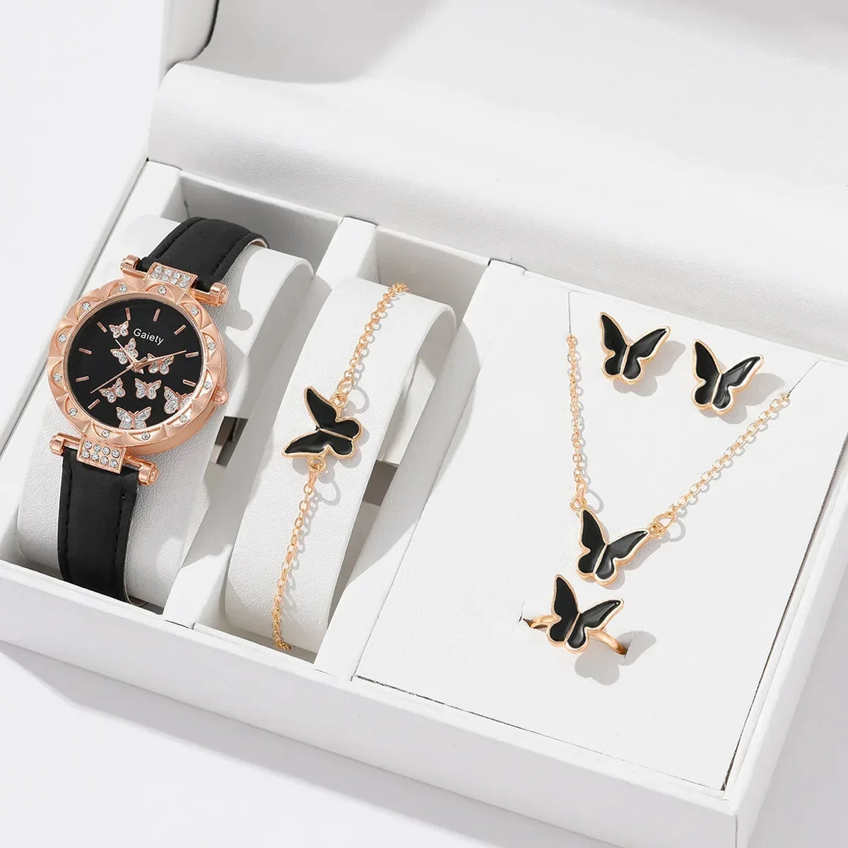 Set Femmes Montre Bague Collier Boucles d’oreilles Bracelet Ensemble Montres Papillon Bracelet En Cuir Dames Quartz Montre-bracelet (Pas de boîte)