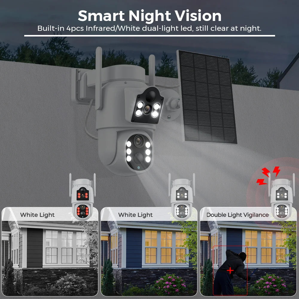 Caméra IP solaire WiFi extérieure double objectif PTZ caméra de sécurité 4MP HD batterie intégrée panneau solaire caméra sans fil alarme PIR iCsee