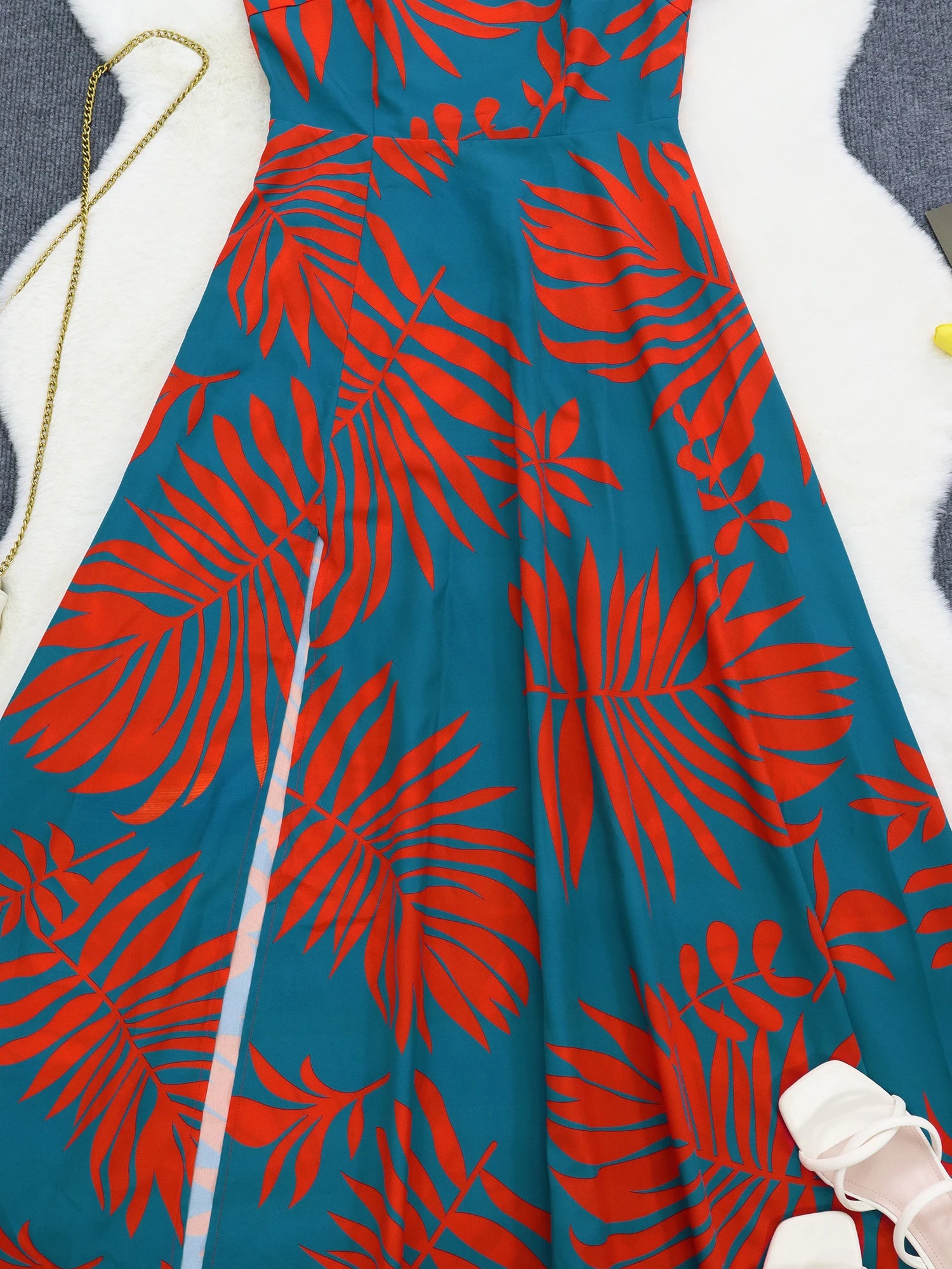 Robe longue à imprimé tropical à une épaule pour femmes, ourlet fendu, style décontracté, élégante, robe trapèze, tissée, robe, printemps/été/automne