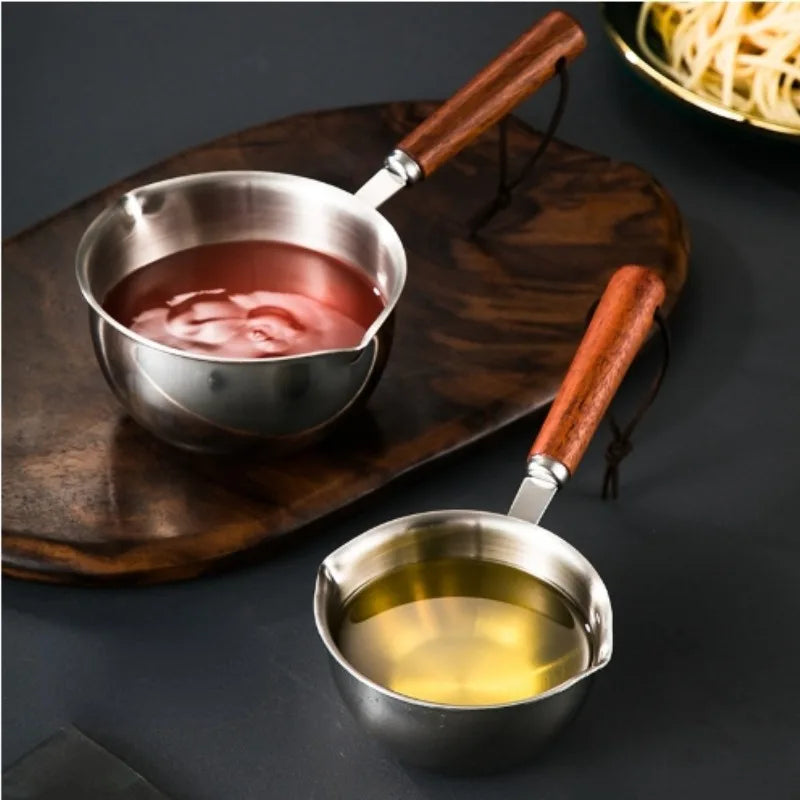 Mini poêle à lait en acier inoxydable 304, Pot à huile chaude, petite poêle avec manche en bois pour la cuisson du beurre bouillant, outil de cuisine