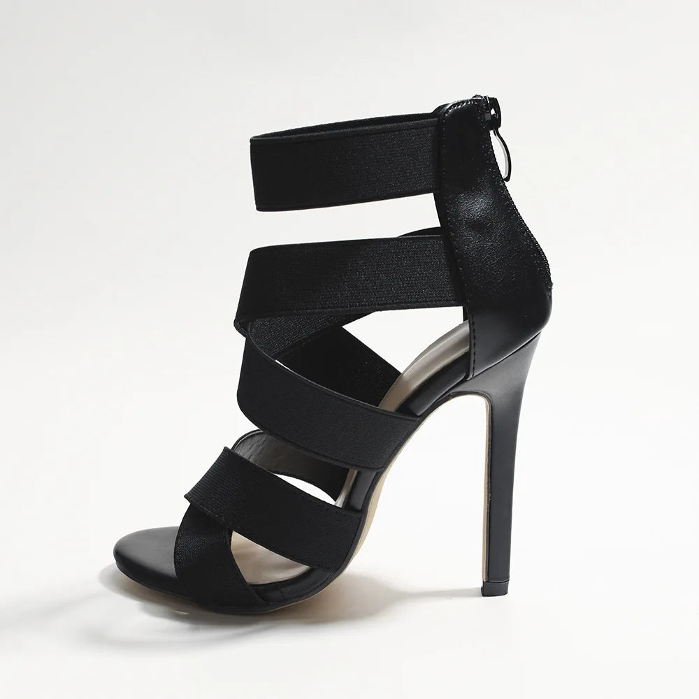 Chaussures de gladiateur sexy à bout ouvert pour femmes, sandales à talons super hauts, escarpins à large bande avec fermeture éclair au dos, sandales de fête de mariage noires