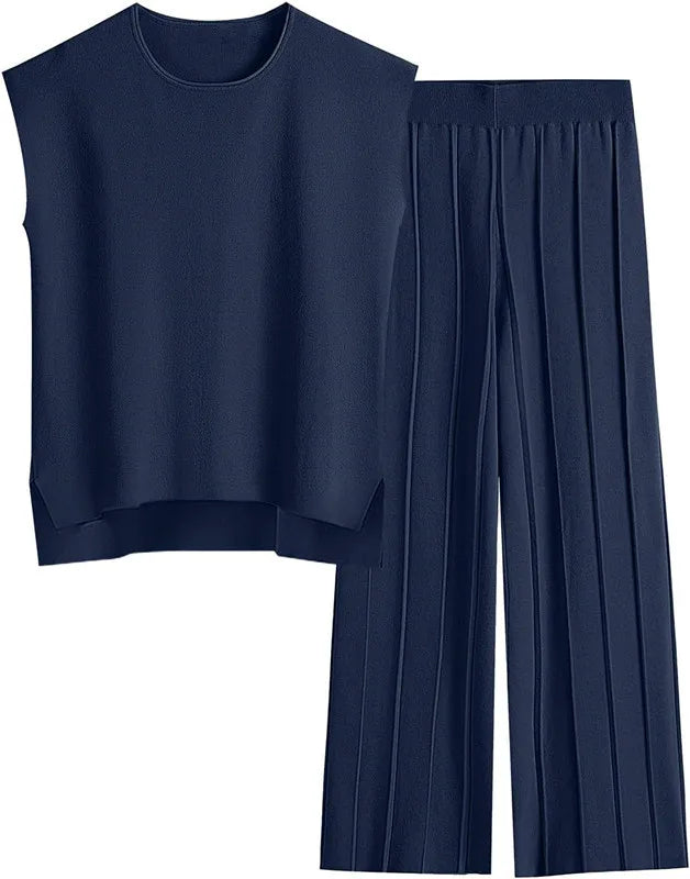 Ensemble deux pièces pour femmes, pantalon, col rond, gilet sans manches, tricot, taille haute, couleur unie, jambes larges, pantalon Long, ample, élégant, épissure
