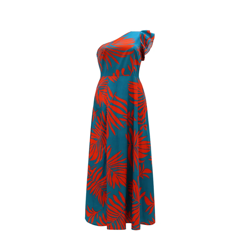 Robe longue à imprimé tropical à une épaule pour femmes, ourlet fendu, style décontracté, élégante, robe trapèze, tissée, robe, printemps/été/automne