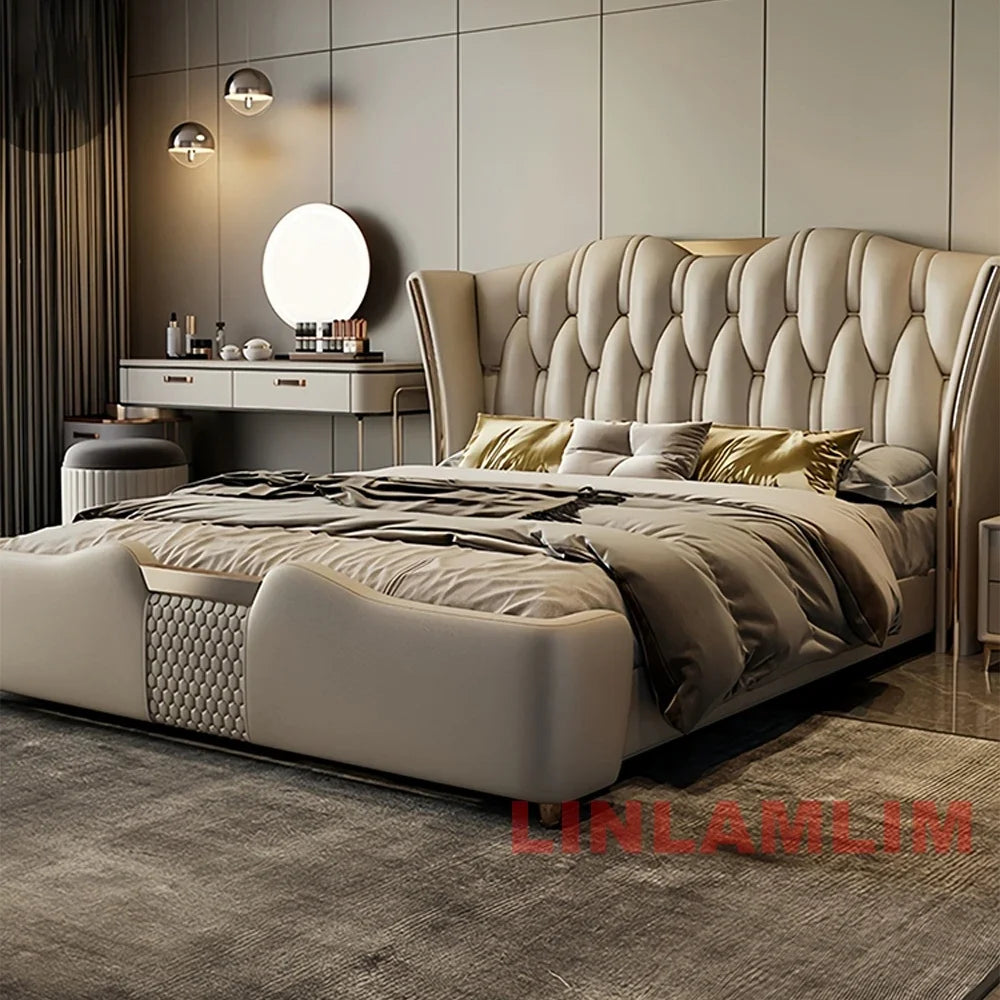 MINGDIBAO-Cadre de lit en cuir véritable avec Accents dorés, mobilier de luxe moderne, design, pour chambre à coucher, queen/king size