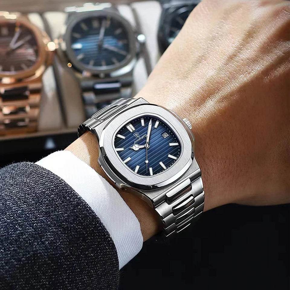 POEDAGAR Montre de luxe Entreprise étanche Horloge masculine Lumineuse Date En Acier Inoxydable Carré Quartz Hommes Montre reloj hombre 2024 Nouveau