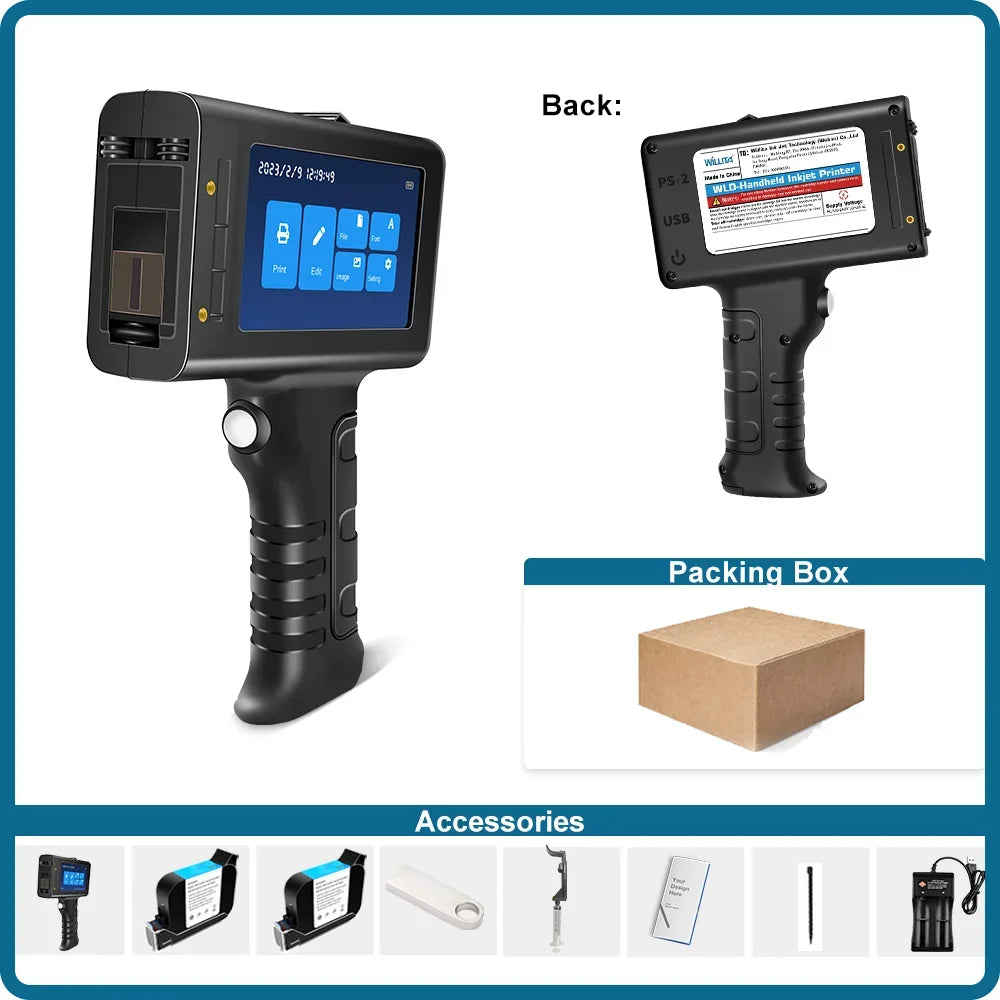 Pistolet d’impression à jet d’encre portable Willita 12.7 mm | Codage sur surfaces plastiques pour dates d’expiration, numéros de lot, QR/code-barres et logos