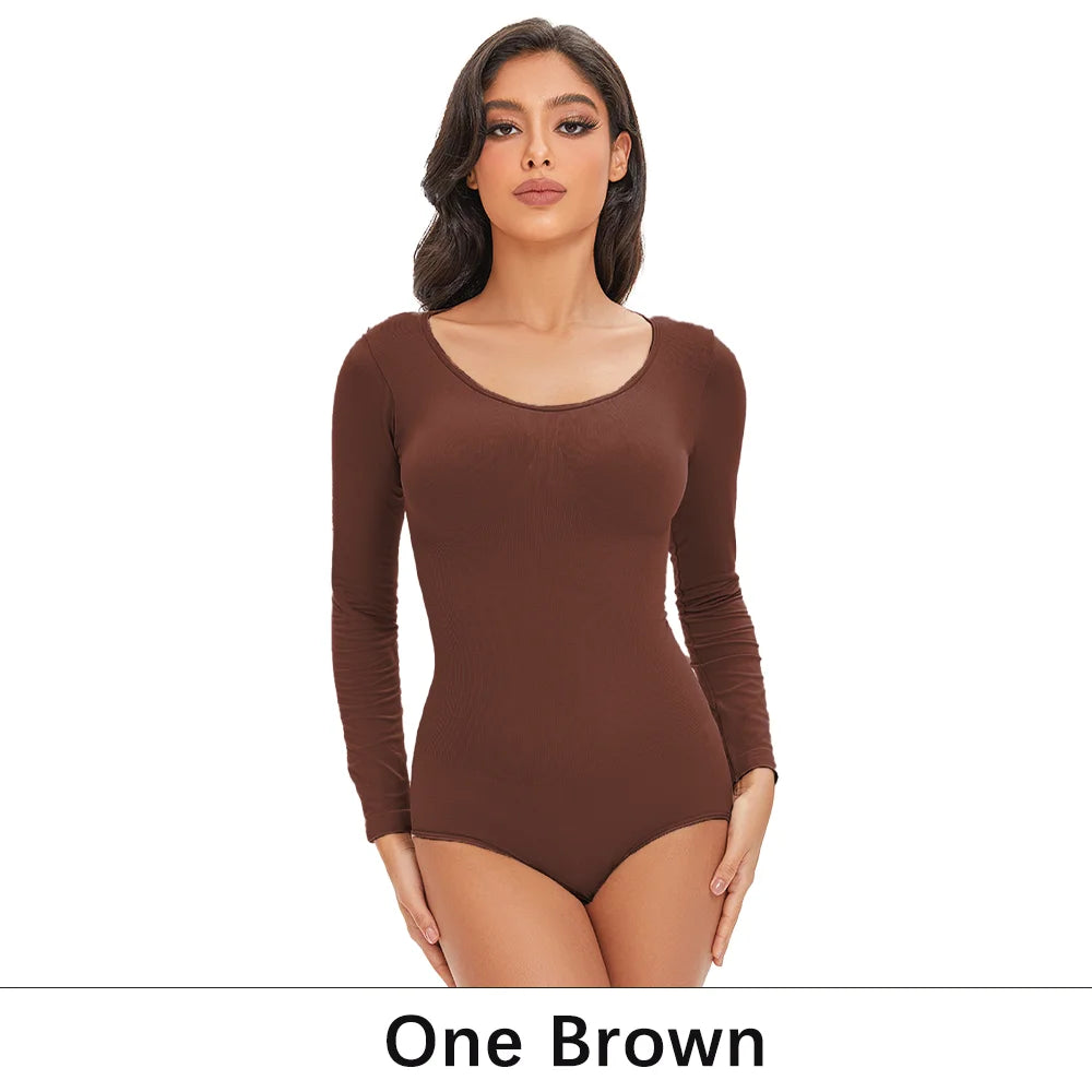 POKARLA Spandex élastique Body costume Shapewear femmes corps Shaper ventre contrôle à manches longues ouvert entrejambe col rond sans couture Shapers