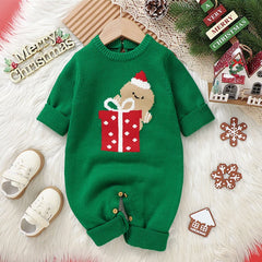 2025 Combinaison de Noël unisexe pour bébé Vert Vêtements mignons pour nouveau-né Automne Hiver Garçons Filles Col rond Cadeau de Noël Body en tricot