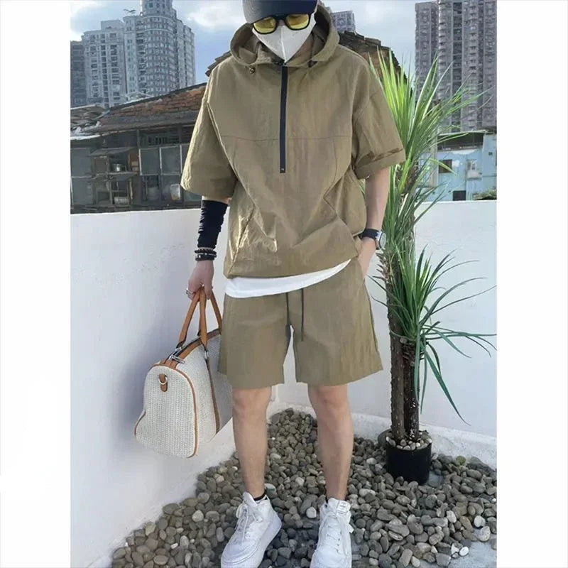 Ensemble de style cargo d'été pour hommes, sweat à capuche décontracté, t-shirt à manches courtes, short monochrome, mode adt, haute qualité, beau sweat-shirt trempé
