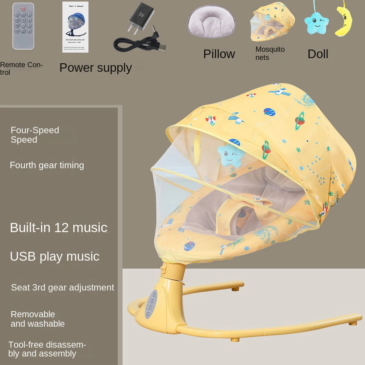 Chaise à bascule électrique pour bébé de 0 à 24 mois, musique automatique pour nouveau-né, avec moustiquaire, berceau à bascule automatique à distance
