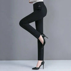 Pantalon de printemps pour mère, taille haute, poches extensibles décontractées, couleur unie, haut ajusté, grande taille, pantalon crayon, vêtements pour femmes
