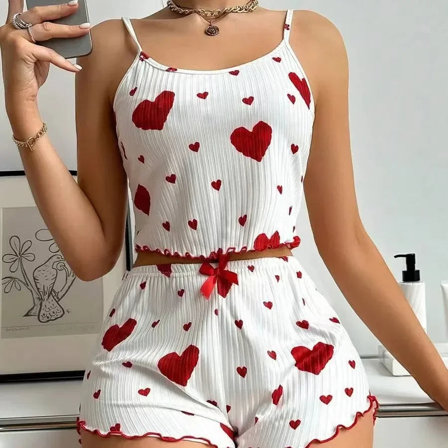 Ensemble pyjama d'été pour femmes, 2 pièces, doux, décontracté, imprimé amour, débardeurs et shorts, ensemble de Lingerie, vêtements de détente