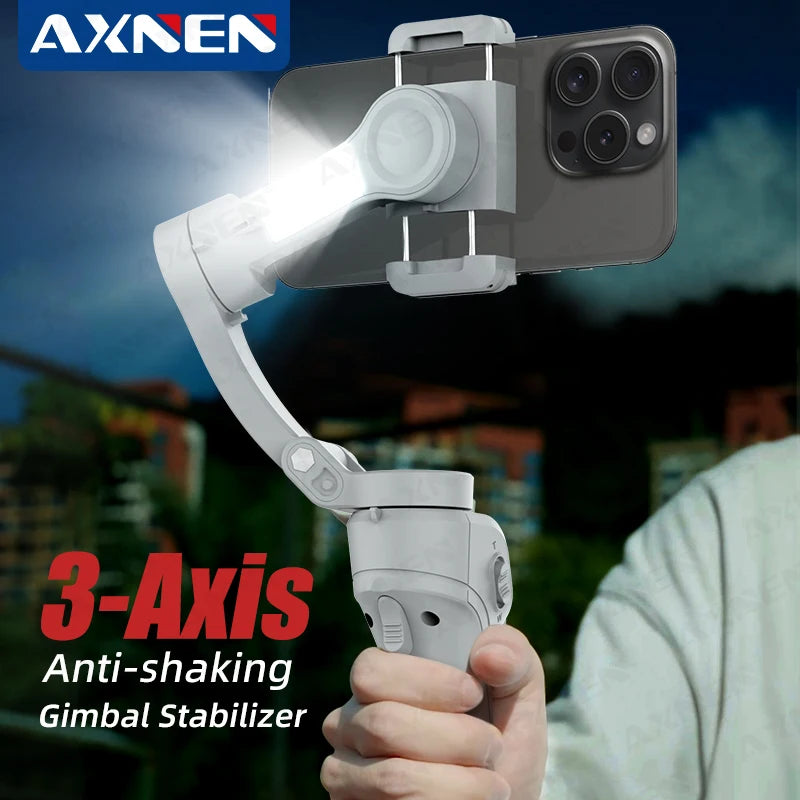 AXNEN HQ6 Gimbal à Main 3 Axes Intelligent avec Lumière de Remplissage pour iPhone, Samsung, Huawei, Xiaomi, VIVO, OPPO, Suivi du Visage, Kit TikTok et Vlog