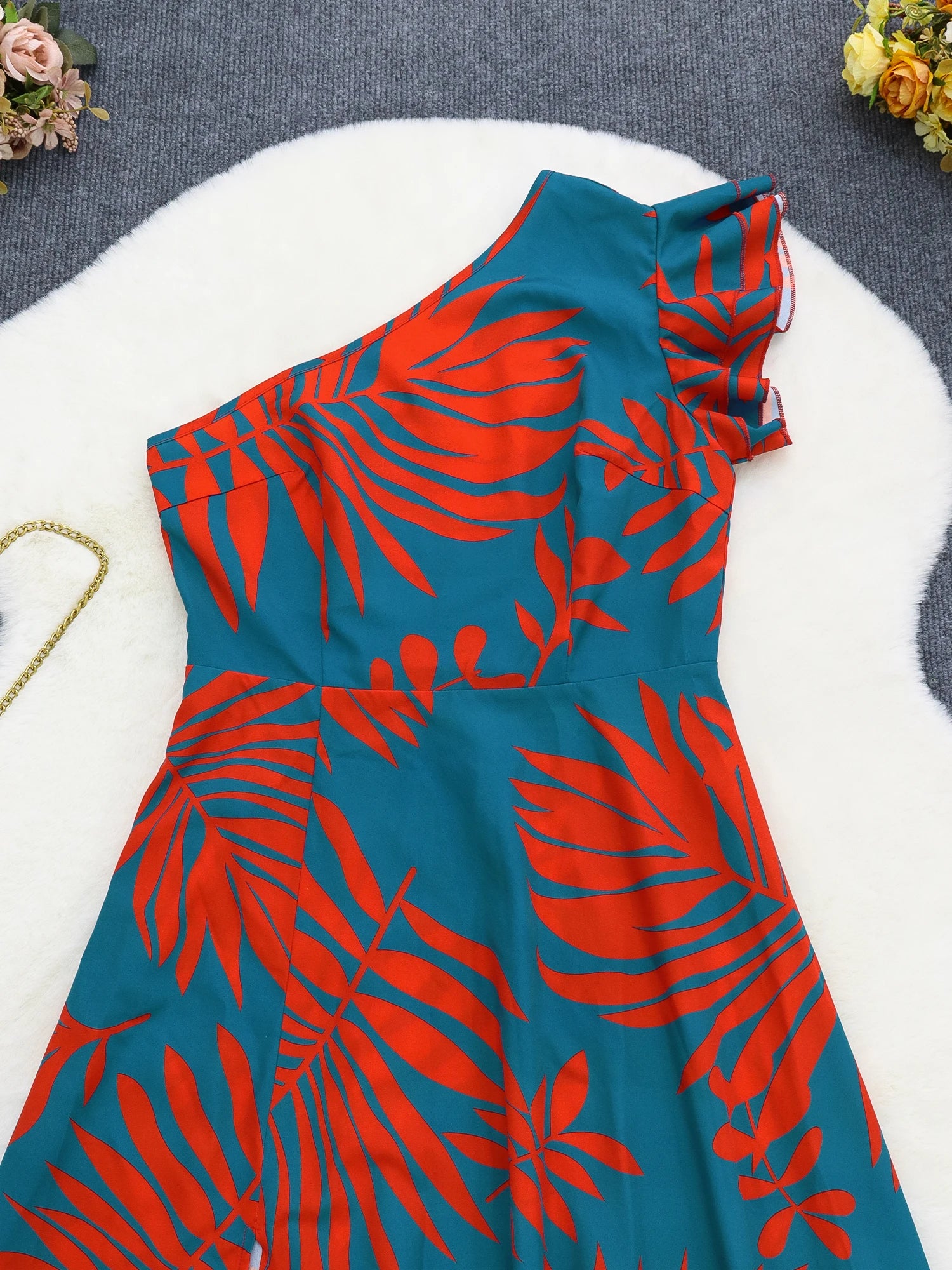 Robe longue à imprimé tropical à une épaule pour femmes, ourlet fendu, style décontracté, élégante, robe trapèze, tissée, robe, printemps/été/automne