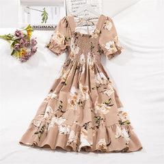 Printemps été robes en mousseline de soie mode femme taille élastique à manches courtes plissée tenue décontractée femmes robes a-ligne robes
