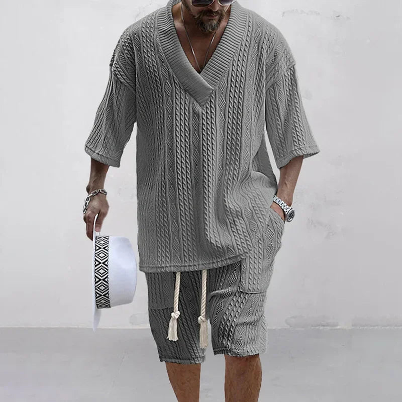 Ensemble deux pièces tricoté pour hommes, T-shirt et Short décontractés, col en v, manches courtes, Streetwear, tenues en tricot, été 2024