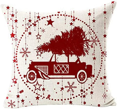 Taie d'oreiller en lin joyeux Noël, flocon de neige, boule, voiture rouge avec arbre, cerf, joyeux hiver, coussin de canapé, salon