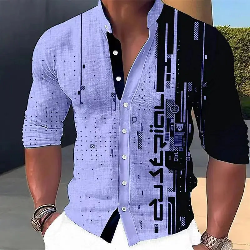 New Four Seasons Fashion Men's Shirt Printed Casual Business Long Sleeve Stand Collar Shirt Men's Extra Large Size xs-5xl