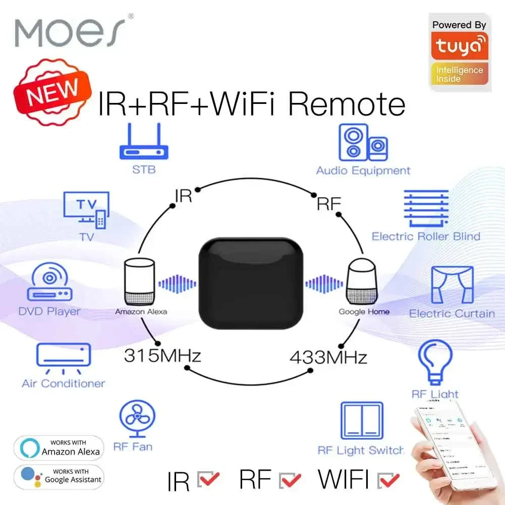 Télécommande universelle MOES WiFi RF IR, appareils RF, application Tuya Smart Life, commande vocale via Alexa, Google Home