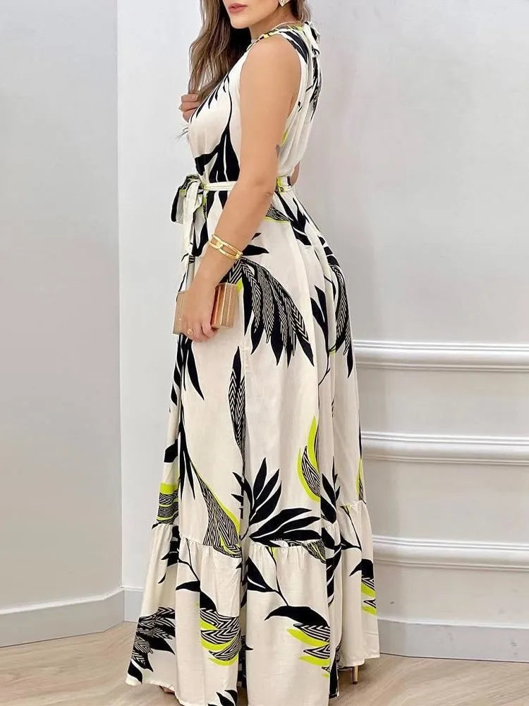 Women's Summer New Sexy Sleeveless Hanging Neck Dress With Lace Up Waist Fashionable Printed Lotus Leaf Skirt Floor Length Skirt