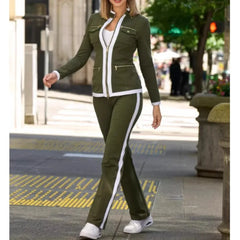 Automne nouvelle mode deux pièces ensemble couleur bloquant fermeture éclair élégant bureau crayon costumes femmes décontracté moulante pantalon ensemble Vestido