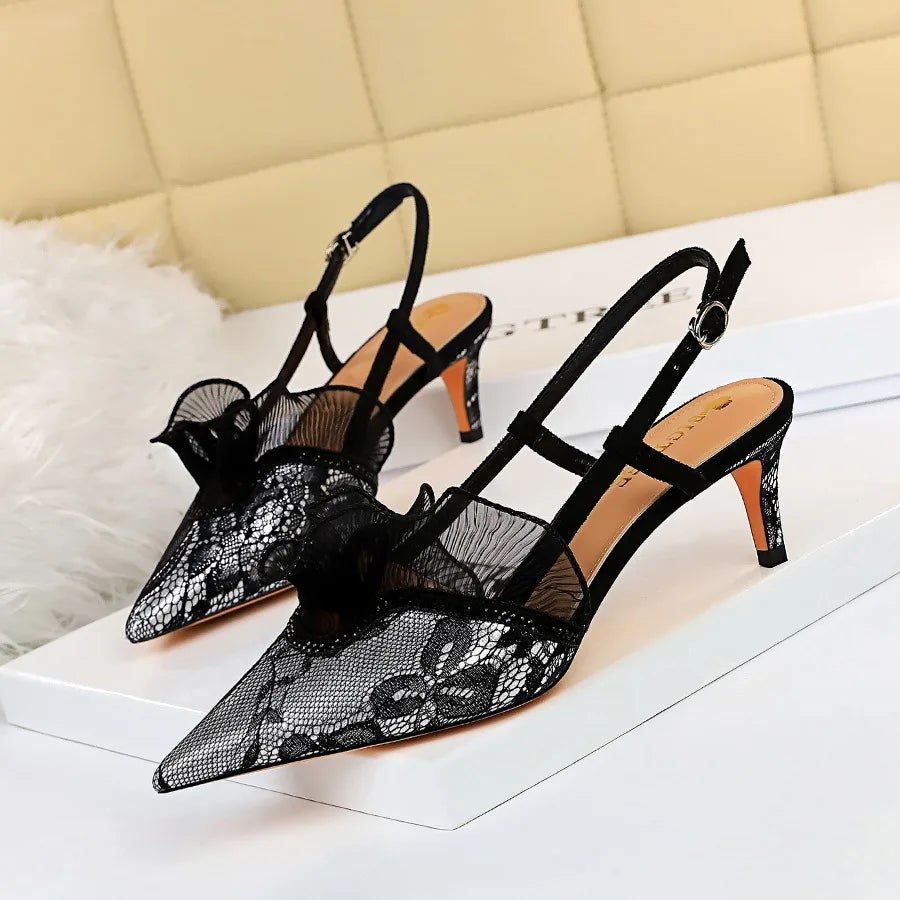 Mode femmes sandales maille strass dentelle creux chaton pompes talons aiguilles été 313-5mince talon haut chaussures simples Grace pantoufles