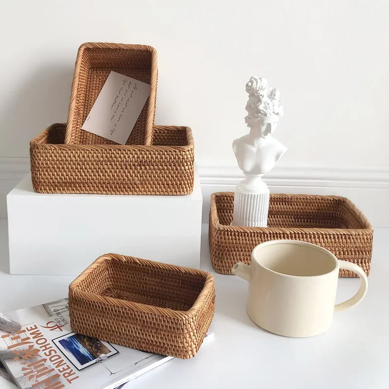 Panier en osier et rotin tissé à la main, panier à fruits, thé, collation, pain, boîte de rangement rectangulaire pour cosmétiques, fournitures de cuisine ménagère