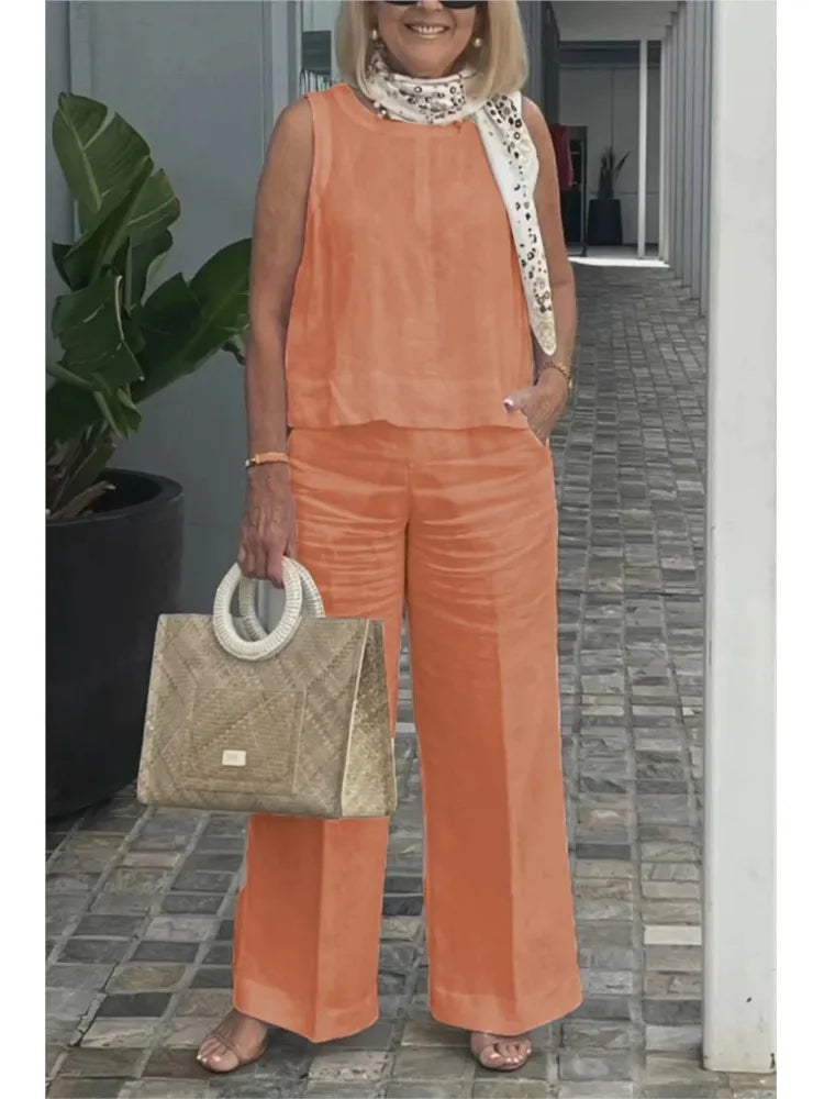 Spring Summer Cotton Linen Solid Color Sleeveless Women Pants Suit Simple Casual Pocket Elegant Female Office Retro 2 Piece Set