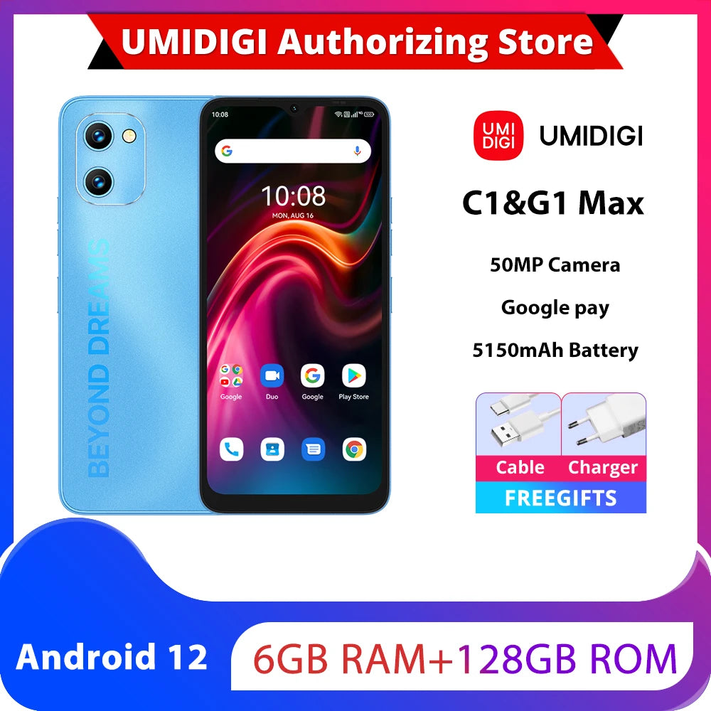 UMIDIGI C1 Max / G1 Max 50MP caméra 6GB 128GB téléphone 6.52 pouces Android 12 5150mAh batterie Unisoc T610 Octa Core 4G Smartphone