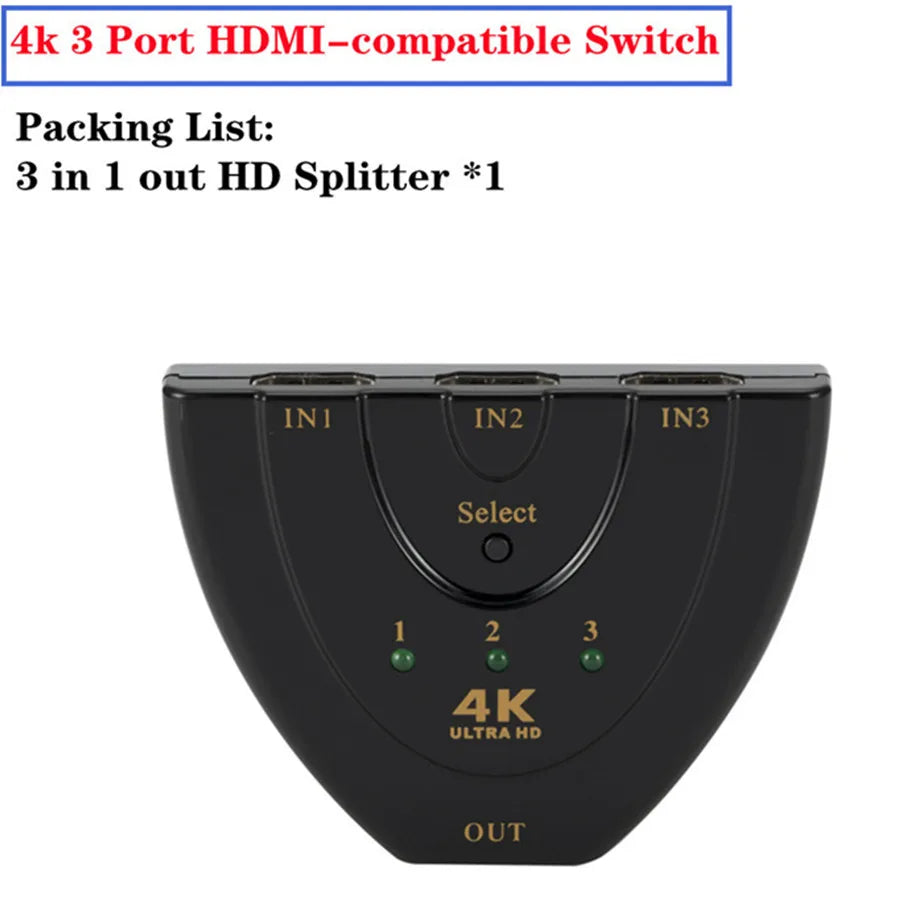 Répartiteur de câble HDMI 4K 2K 3x1, adaptateur de commutation vidéo HD 1080P, 3 entrées 1 Port de sortie, Hub HDMI pour Xbox PS4 DVD HDTV PC portable TV
